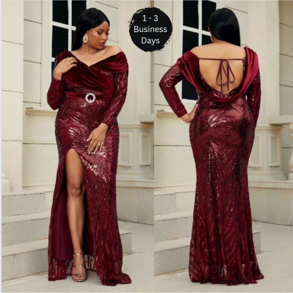 Wine Sequin Ruched Evening Gown